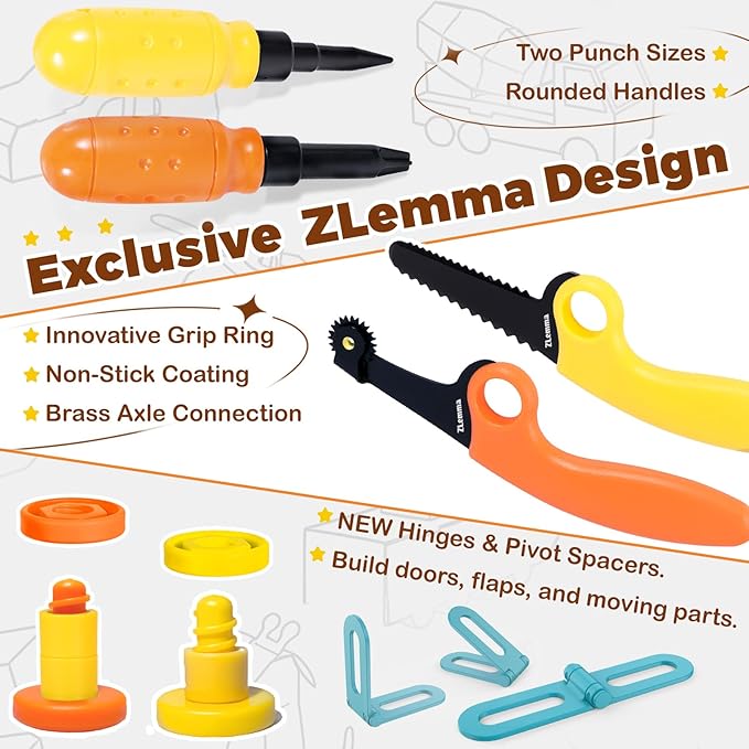 Cardboard Construction Kit - 401 PCS Kids Building Set with Safe Serrated Cutter, Crease Roller, Screws & Nuts, STEM Upcycled Tool for DIY Cardboard Projects, Engineering & Creativity