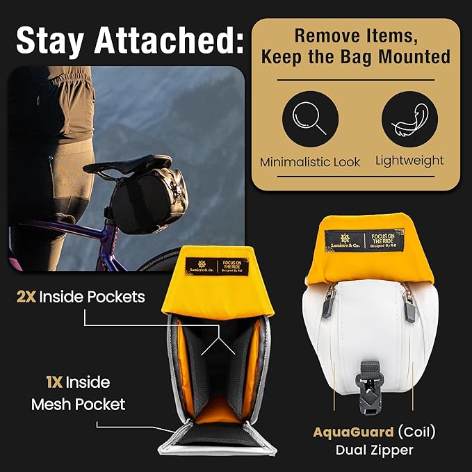 Lumiere & Co. Maximus Magnetic Bike Seat Bag – Quick-Attach Saddle Bag with AquaGuard Zippers, Secure Under-Seat Storage for Cycling Gear & Accessories
