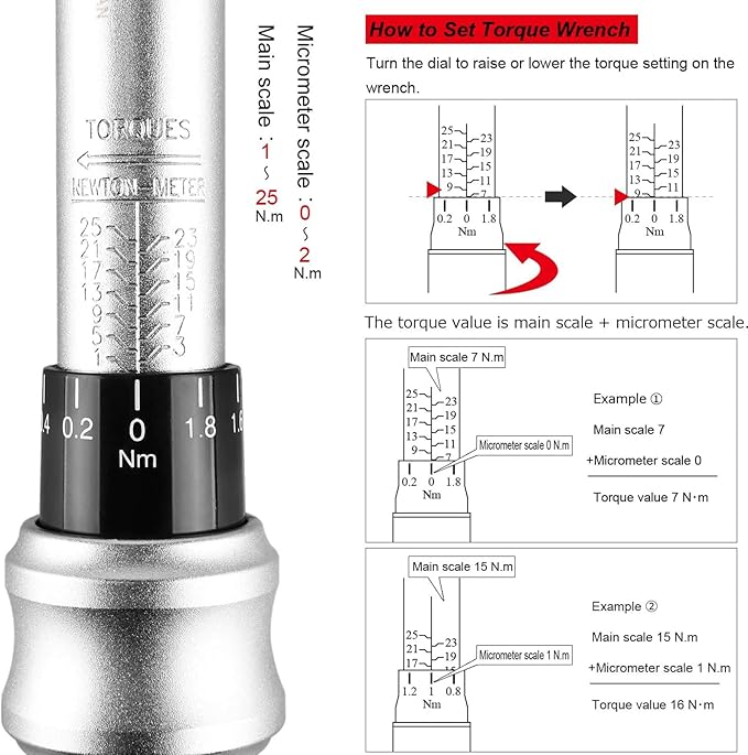 Bike Torque Wrench Set 1/4" Drive Click 1-25 Nm - Bicycle Maintenance Tool Kit for Road/Mountain Bikes - Includes Allen, Torx, Philip, Extended H5 Socket Bit Repair Set, Extension Bar & Storage Box
