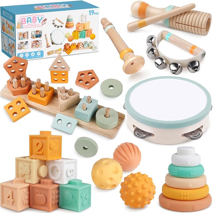 Montessori Baby Toys for 1 Year Old, Wooden Musical Instruments for Toddlers 1-3, Infant Sensory Teether, Stacking Toy Shape Sorter, Neutral Color Educational Birthday Gift for Kids 3+ (8 IN 1)
