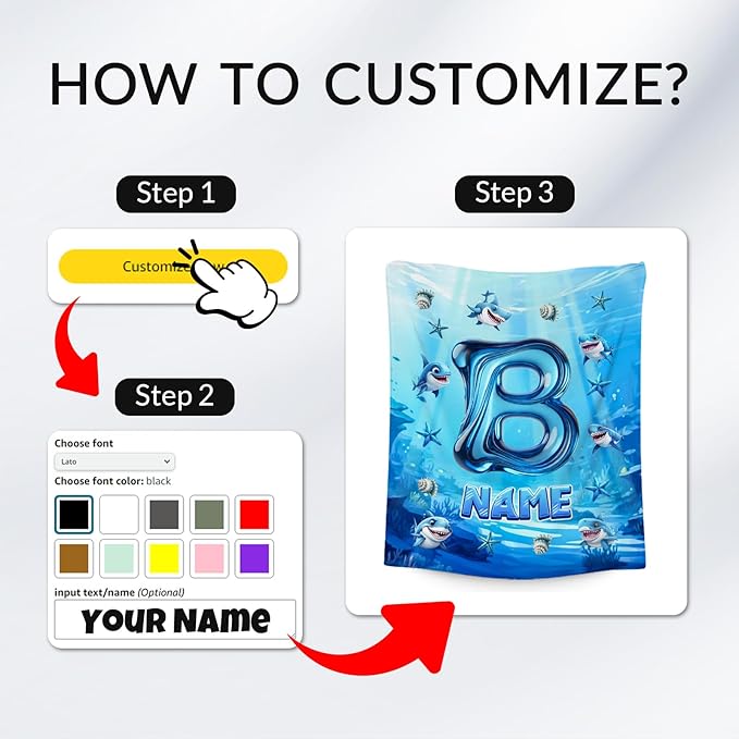 Personalized Shark Blanket - Initial Gifts for Kids Boys - Custom Flannel Cozy Blankets for Living Room, Office