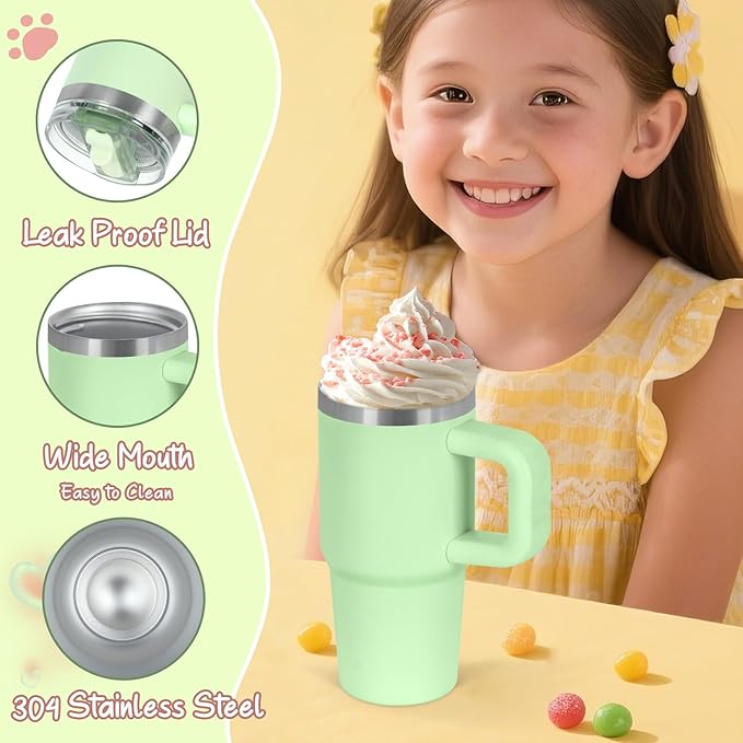 Cosictic 14 Oz Flip Straw Tumbler with Handle for Kids, Stainless Steel Double Wall Insulated Cup for Children with Flip Top Lid, 14 Oz Leak-proof Cups for Kids, Sky Blue and Green