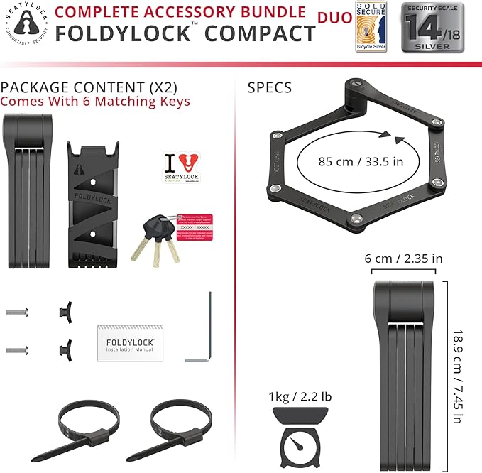 Seatylock FoldyLock Compact Folding Bike Locks - Set of 2 Matching Bike Locks with 6 Identical Keys - Patented Lightweight Heavy Duty Anti Theft with Carrying Cases for Bicycles and E-Bikes