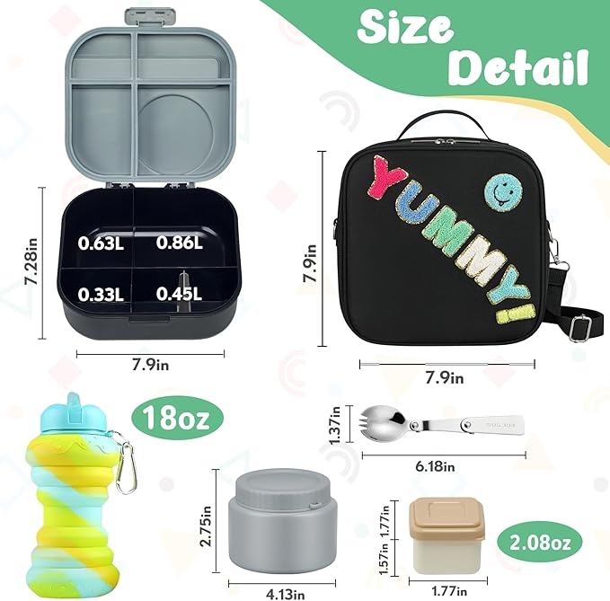 Kids Bento Lunch Box with 12oz Soup Thermo, Kids Leakproof Lunch Food Container with 4 Compartments, Insulated Lunch Bag & Water Cup for Girls Boys to School Travel