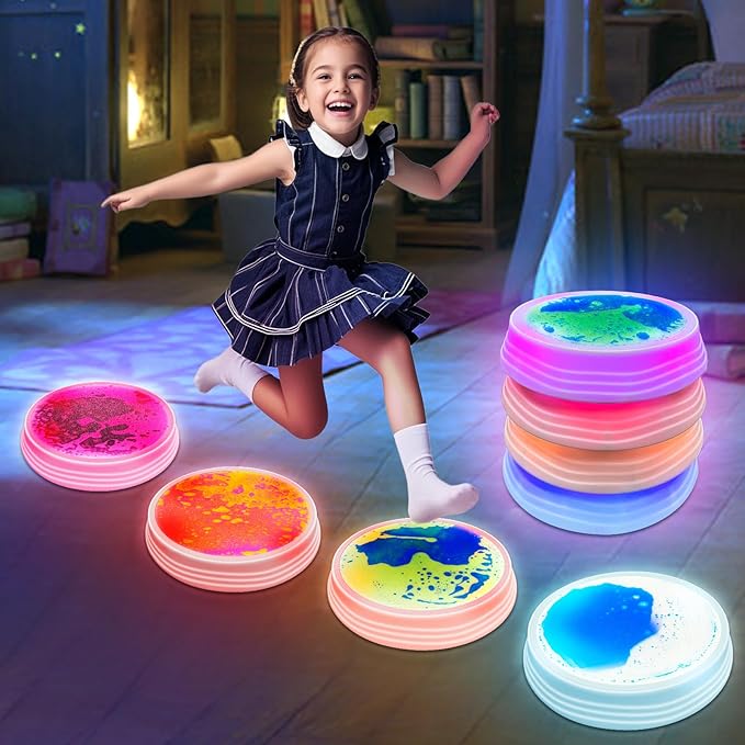 Light Up Liquid Stepping Stones - 4 Non-Slip Stepping Stones, Each with 7 LED Light Colors, Indoor Obstacle Training Balancing Stepping Stone Toys for Kids Ages 3 and Up.