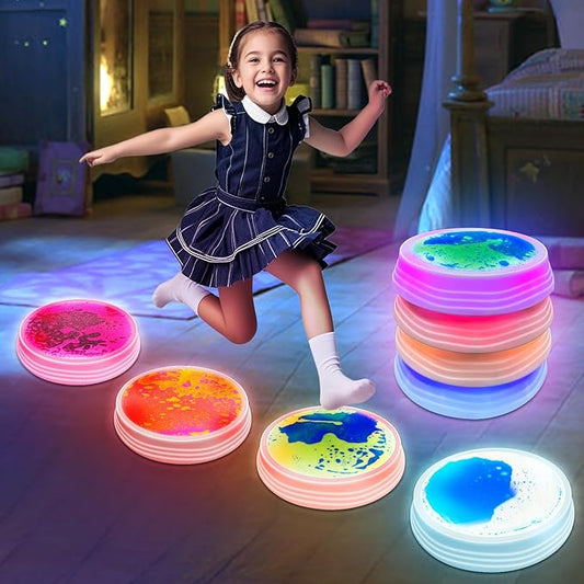 Light Up Liquid Stepping Stones - 4 Non-Slip Stepping Stones, Each with 7 LED Light Colors, Indoor Obstacle Training Balancing Stepping Stone Toys for Kids Ages 3 and Up.