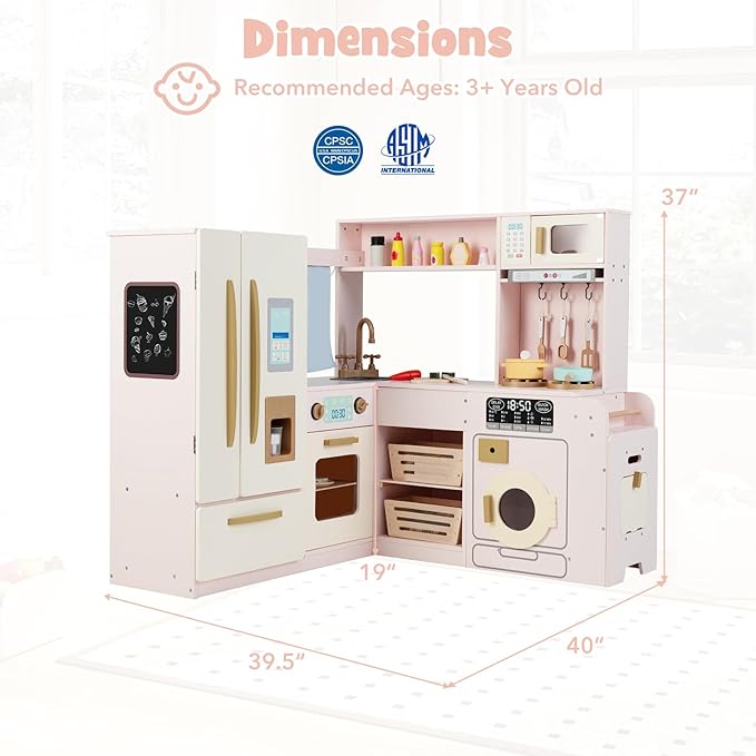 Costzon Corner Kitchen Playset, Kitchen Toy Set w/Real Lights & Sounds, Large Fridge, Ice Maker, Oven, Microwave, Washer, Trash Can & 22 Accessories, Wooden Pretend Play Kitchen for Kids 3+ (Pink)