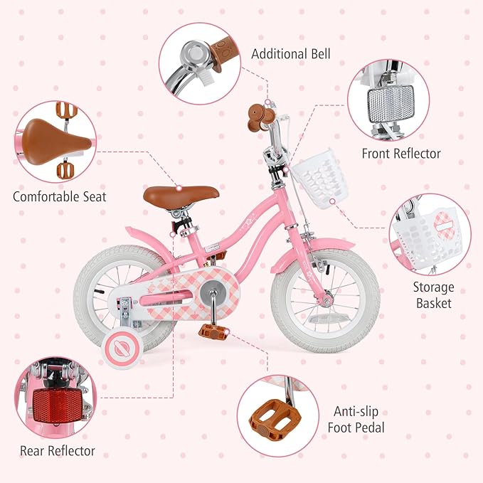BABY JOY Kids Bike, 12 14 16 18 20 Inch Boys Girls Bike w/Adjustable Seat, Removable Basket, Handbrake & Coaster Brake, Training Wheels or Kickstand, Kids Bicycle with Multi-Color