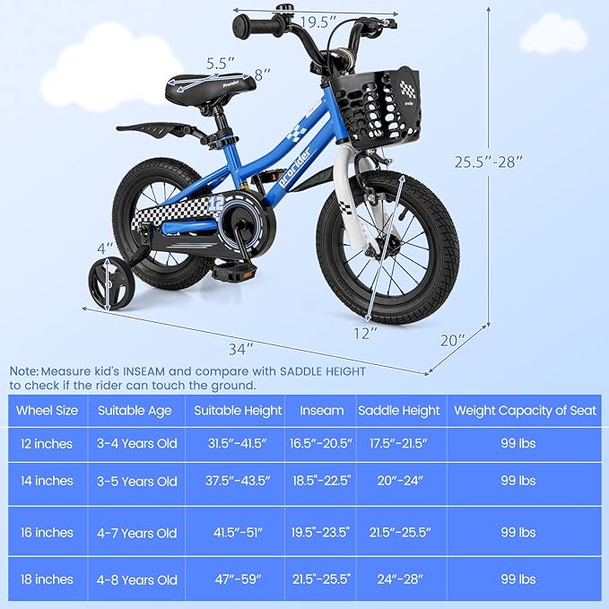 BABY JOY Kids Bike, 12 14 16 18 20 Inch Children Bikes for Boys Girls Teens 3-8 8+ Years w/Training Wheels or Kickstand, Handbrake, Coaster Brake & Removable Basket, Kids Bicycle of Multiple Colors