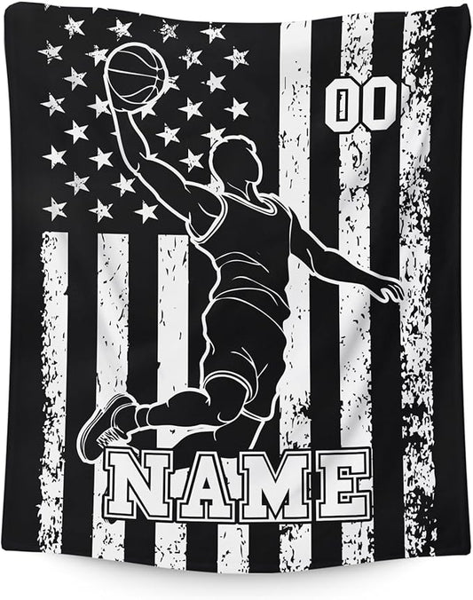 Basketball Blankets for Kids Teens Adults, Custom Name 80x60 Inches Twin Size Lightweight Soft Comfort Basketball Players Throw Blankets for Living Room Home Decor