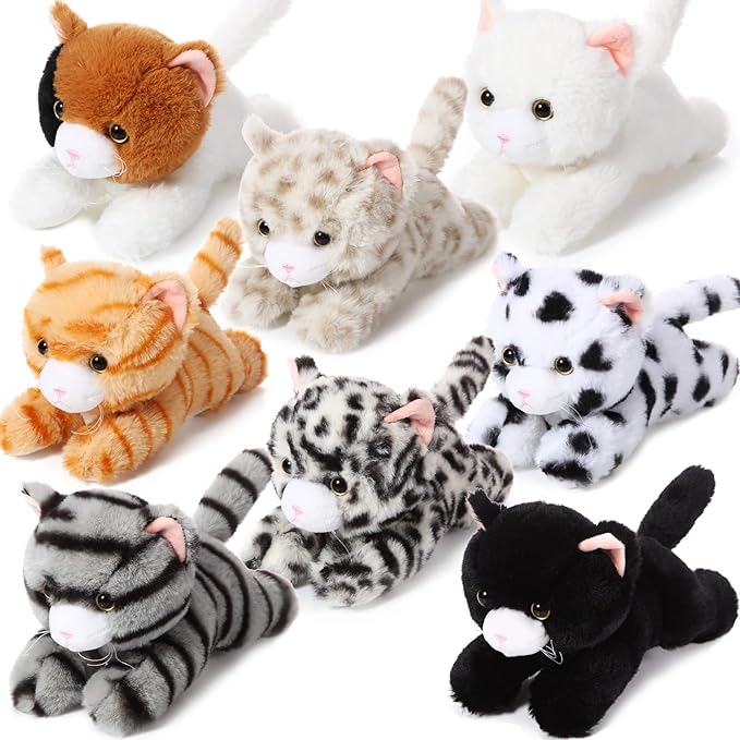 Libima 8 Pcs Cat Stuffed Animals Bulk 8 Inch Plush Kittens Cat Theme Party Favors Carnival Awards Birthday Halloween Party Gifts Assorted Cute Pet Toys Decoration(Lying)