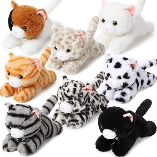 Libima 8 Pcs Cat Stuffed Animals Bulk 8 Inch Plush Kittens Cat Theme Party Favors Carnival Awards Birthday Halloween Party Gifts Assorted Cute Pet Toys Decoration(Lying)