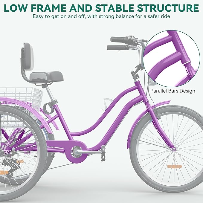 YITAHOME 24 & 26 Inch Adult Tricycle, 1 & 7 Speed 3 Wheel Bikes, Large Seat with Backrest Trike for Adults with Front & Rear Baskets, Cruiser Bike for Seniors Women Men Commute Picnic Outdoor