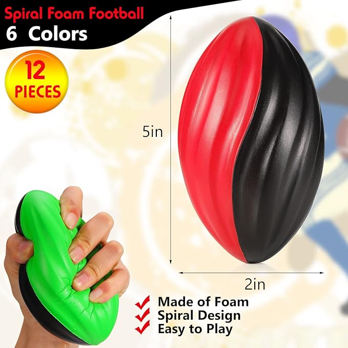 Jerify 12 Pcs Mini Footballs for Kids Spiral Foam Football Bulk 5 Inch Soft Small Waterproof Foam Ball Sports Birthday Toddler Football for Indoor and Outdoor Game(Assorted Color)