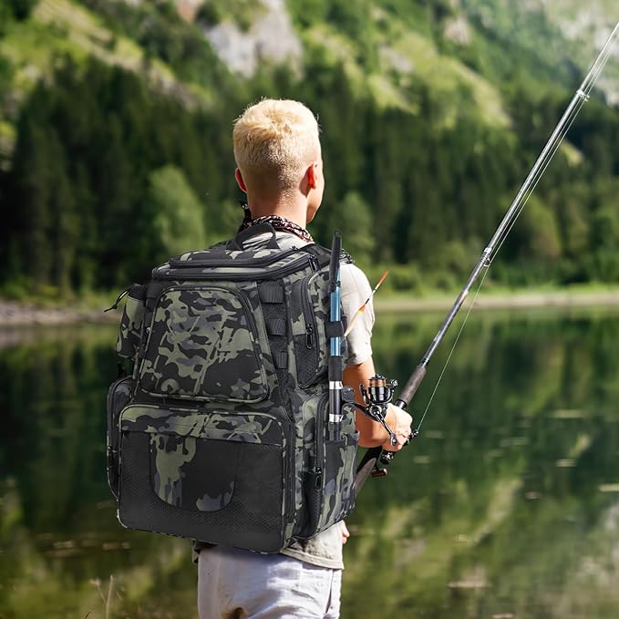 Anpress 38L Fishing Tackle Backpack with 2 Rod Holder Waterproof Large Storage Outdoor Tackle Bag Fishing Rucksack Bag for 4 Trays, Tackle Storage Backpack for Camping Hiking Traveling Cycling
