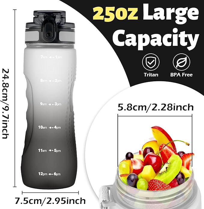 OLDLEY 25 oz Water Bottle, Motivational Water Bottle with Time Marker, Sports Water Bottle With Strap, Leakproof & BPA Free Large Water Bottles for School, Gym, Travel, Outdoor, Tritan,White&Black
