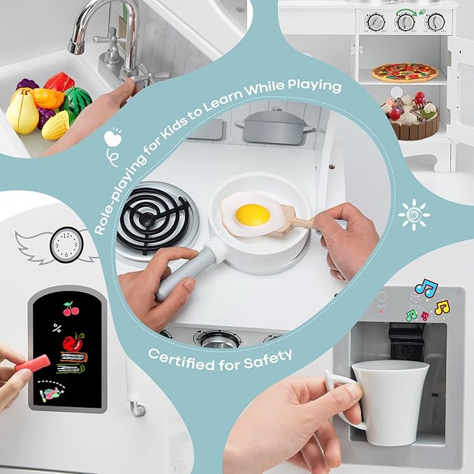 HONEY JOY Kids Kitchen Playset, Wooden Pretend Play Kitchen for Toddlers, Cookware, Phone, Storage Cabinet, Water Dispenser, Blackboard, Little Chef Toy Kitchen Set, Gift for Boys Girls 3+, White