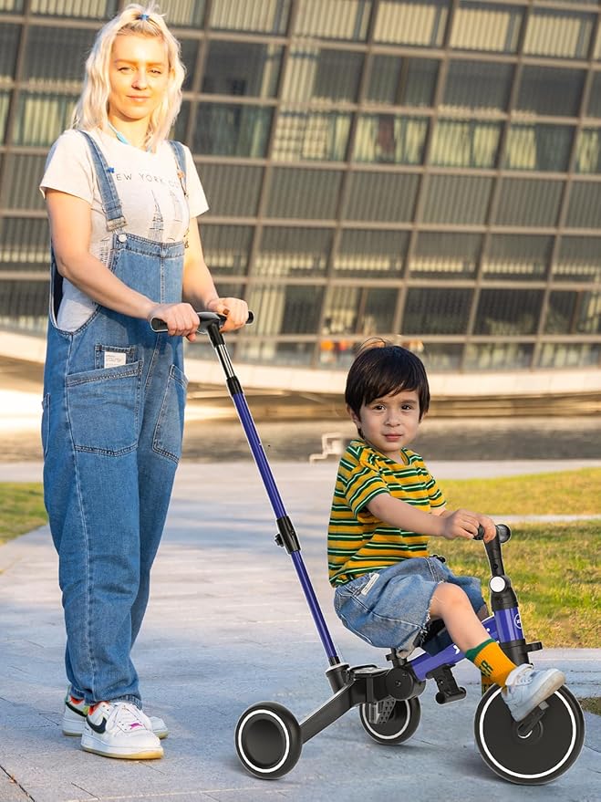 XJD Toddler Bike, 6 in 1 Folding Toddler Tricycle for 1-4 Year Old with Parental Control Handle, Balance Bike with Removable Pedal, Backrest, Adjustable Seat and Handle, First Birthday Gifts (Blue)