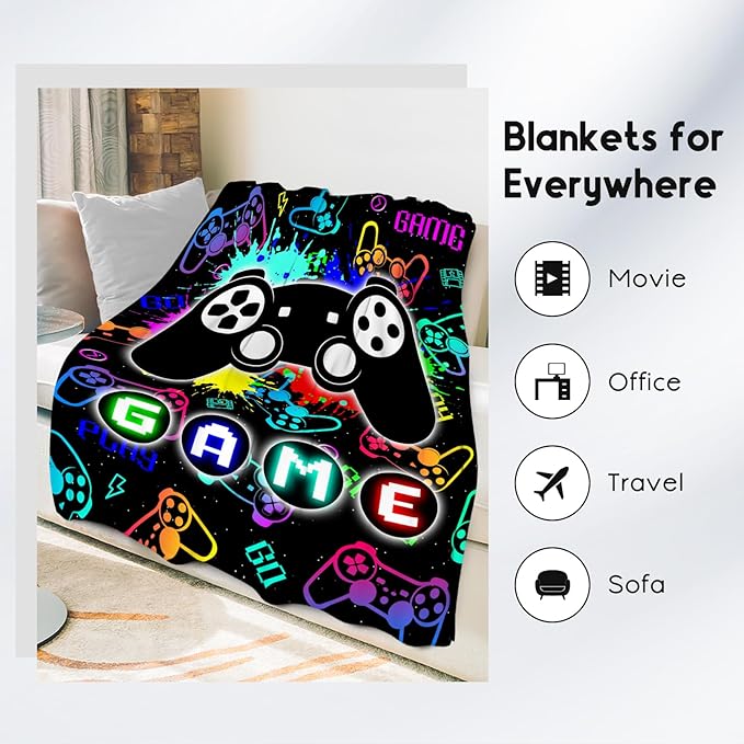 UNIKITTY Kids Blankets for Boys, Gaming Blanket Gifts for Men Adults, 30"x40" Game Accessories Gift Ideal for Teens, Flannel Fuzzy Throw Gamer Room Decor for Couch Office