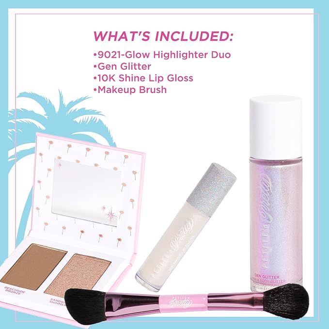 Petite 'n Pretty Makeup Set for Kids (Silver) - Face & Body Makeup for Kids, Tweens, Teens - Highlighter, Body Shimmer Glitter, Lip Gloss, Makeup Brush, Made in the USA
