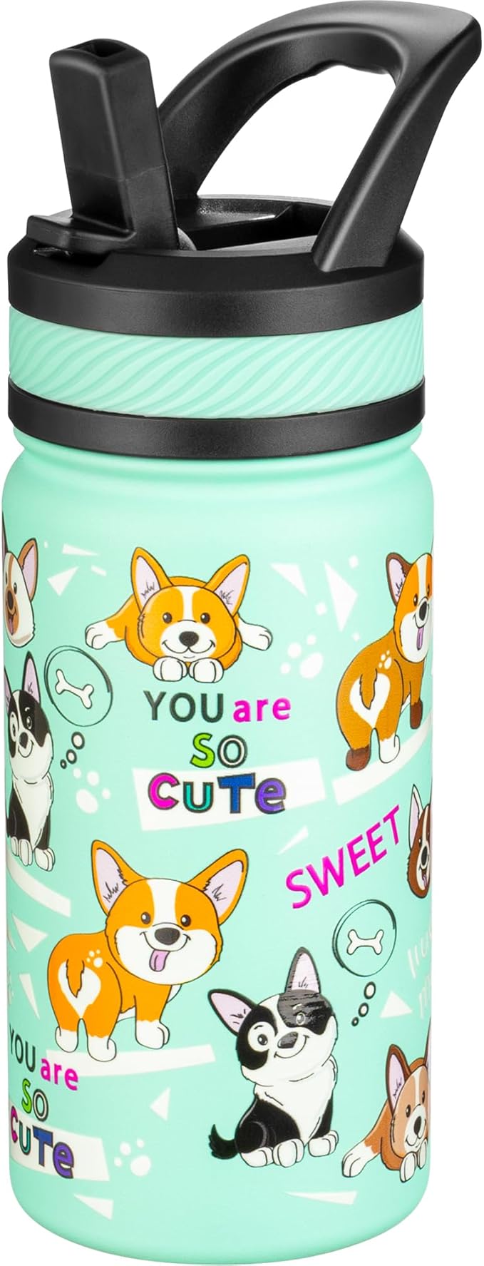 Fanhaw 14 Oz Kids Insulated Water Bottle with Straw - Stainless Steel Double Wall Vacuum Cup, Leakproof, BPA Free, Suitable for Boys and Girls(Green - Dogs)