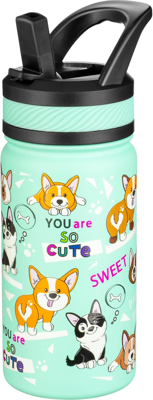 Fanhaw 14 Oz Kids Insulated Water Bottle with Straw - Stainless Steel Double Wall Vacuum Cup, Leakproof, BPA Free, Suitable for Boys and Girls(Green - Dogs)