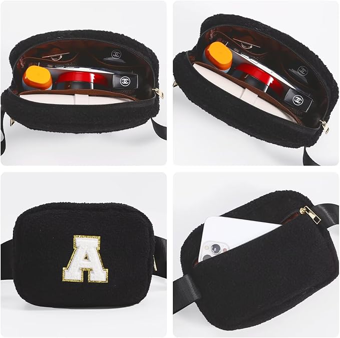 YOOLIFE Birthday Gifts for Women Daughter Sister Friends Mom Girlfriend Aunt Niece, Fleece Belt Bag Initial Fanny Pack Crossbody Bag, Black S