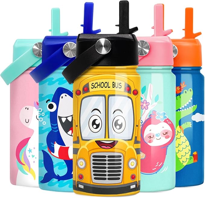 School Bus Water Bottle - Kids Water Bottle with Straw Lid - 12 Oz Insulated Stainless Steel Water Bottles for Kid Boys - Travel Cup for School Sports
