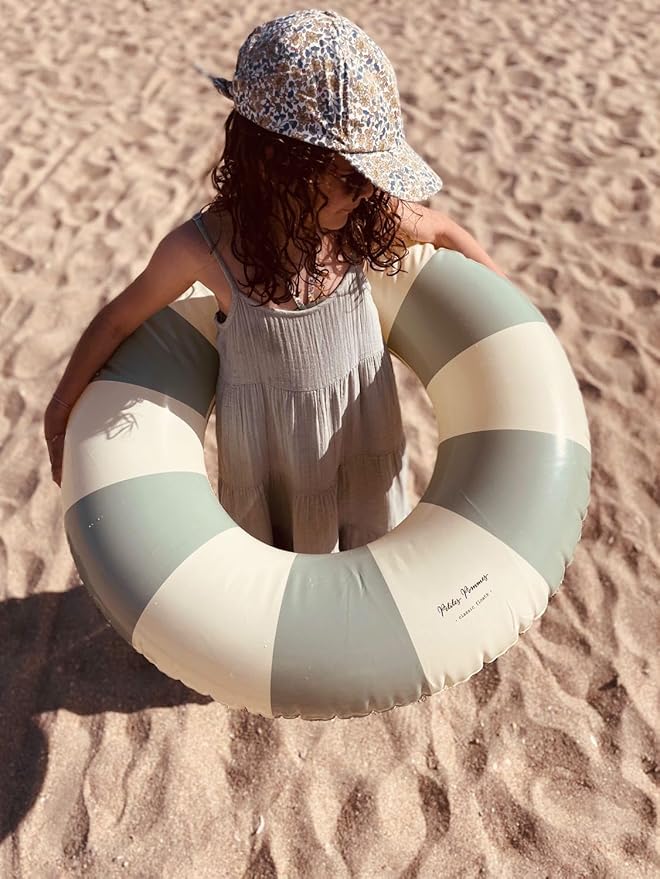 Petites-Pommes Red and White Striped Pool Tube for Kids - Durable Inner Tube, Handprinted Classic Striped Design Pool Donuts, Soft Comfort Seaming, Packable Floats for Travel, Dusty Green, 35 inch