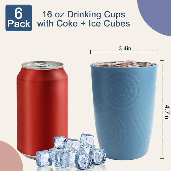 Drinking Glasses Wheat Straw Cups Alternative to Plastic Cups 16 OZ - Unbreakable Cup Set of 6 Reusable Drinking Cup Plastic Glasses Tumbler Dishwasher Safe Cups for Kitchen - Blue