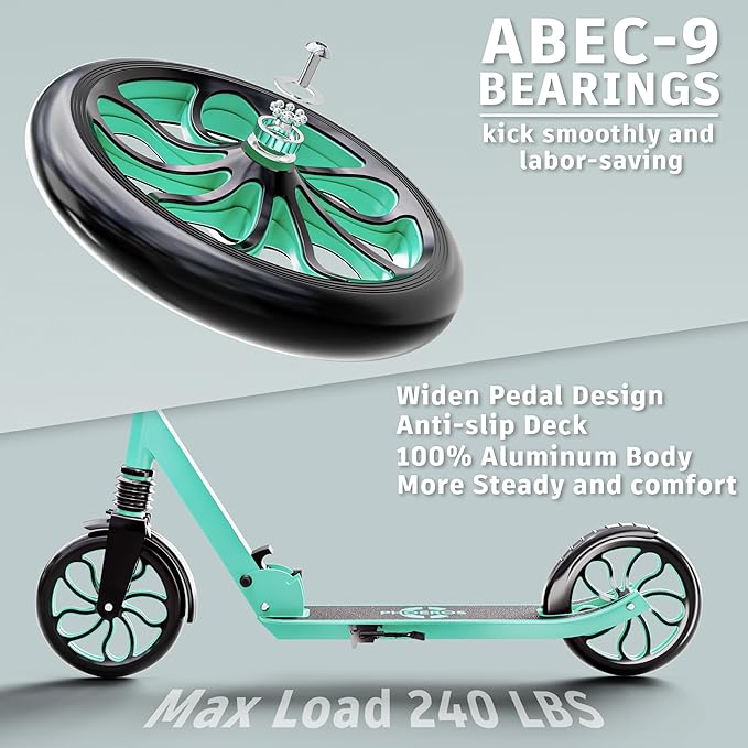 PHOEROS Kick Scooter for Kids Ages 6-12,Teens & Adults, Youth. Lightweight Aluminum Kick Scooter for Teens Adults Boys Girls with 8 inch Big Wheels, Foldable, 3 Height Adjustable, Shock Absorption.