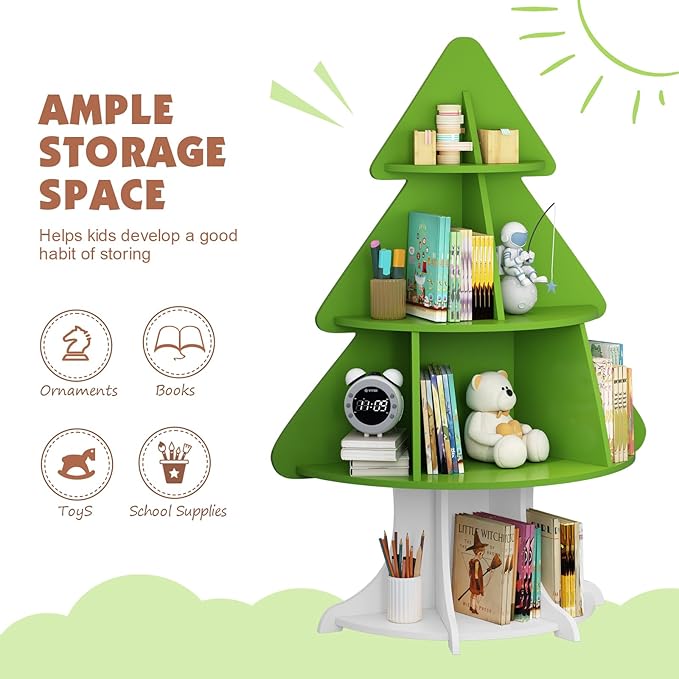 Christmas Tree Shelf Kids Bookshelf Toddler Bookcase 4-Tier Baby Book Rack Children Toy Storage Organizer Wood Display Shelf Nursery Playroom Bedroom Classroom School Homeschooling Boy Girl Gift