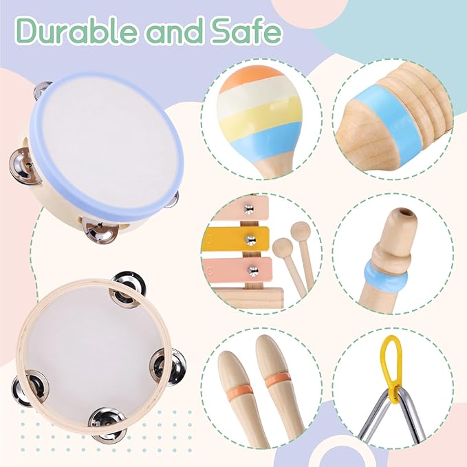 Montessori Wooden Musical Instruments for Toddlers 1-3, Baby Music Toy Set with Xylophone, Tambourine, Triangle, Clarinet, Maracas, Natural Sensory Educational Toys for Boys and Girls