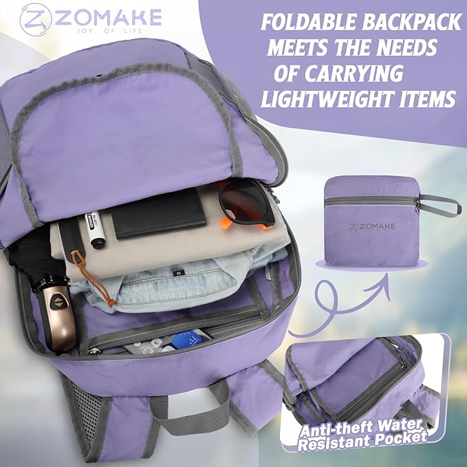 ZOMAKE Ultra Lightweight Hiking Backpack 20L - Packable Small Backpacks Water Resistant Daypack for Women Men(Lavender)