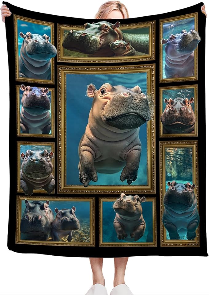 Hippo Throw Blanket - Ultra Soft Cozy Cute Fleece Fuzzy Plush Hippo Lovers Decor Gifts for Women Girls Adults - Couch Sofa 50"x40"