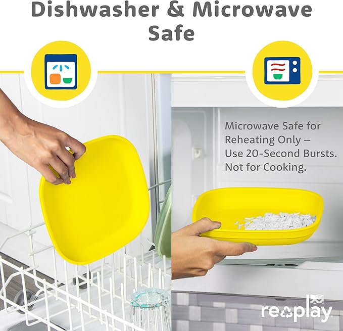 Re-Play Toddler Plates - 22 Oz. Deep-Walled Flat Kids Plates - Dishwasher & Microwave Safe - Made in USA - Set of 4-7.37" x 7.37" x 1.25" - Preschool