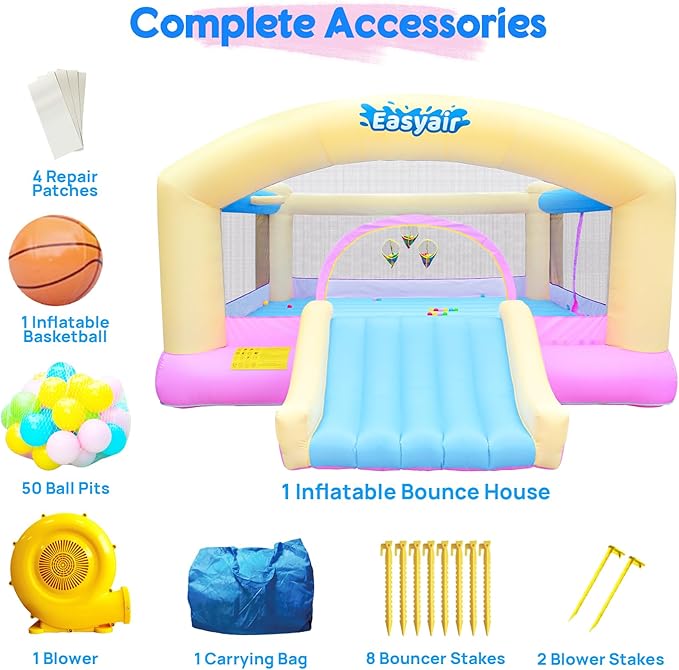 Large Bounce House for Big Kids, 14.8 x 14.5 FT Inflatable Bouncer Jumper Slide with 650W Blower, Basketball Hoop, Throw Ball Game, Ball Pits Yellow