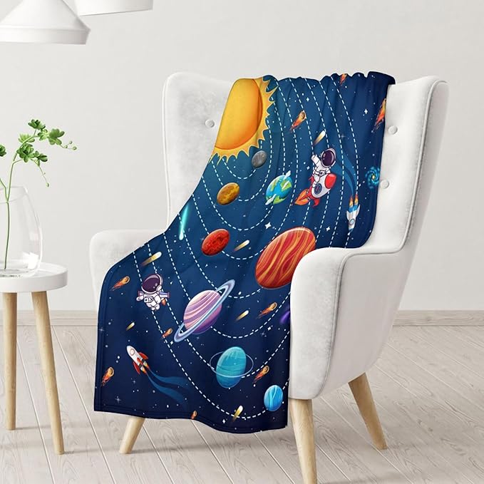 Planet Blanket Gifts - 40x30 Inches Cute Planets Throw Blanket for Kids, Boys & Men - Black Soft Fuzzy Blankets for Lap, Chair