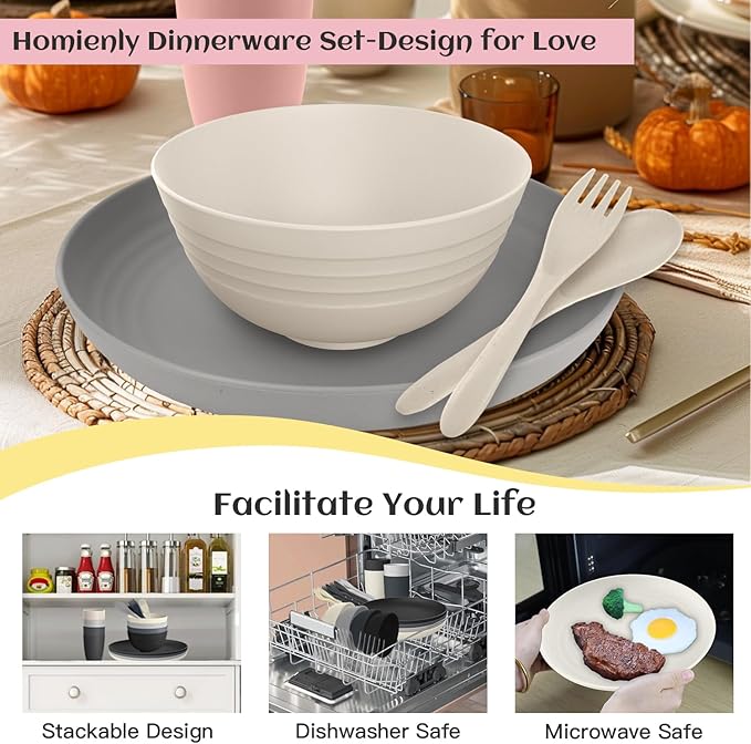 Homienly Unbreakable Wheat Straw Dinnerware Sets, Plastic Plates and Bowls Sets Alternative 20 PCS, Microwave & Dishwasher Safe Dish Set for Kitchen, Camping, Kids, Apartment, Lightweight(Grey Stone)