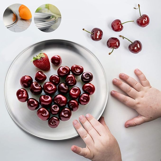 HaWare Toddlers Kids 18/8 Stainless Steel Plates, Durable Metal 304 Feeding 8in Dishes for Serving/Snack/Camping, No Plastic and Dishwasher Safe - 4 Pack