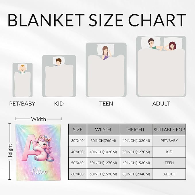 Unicorn Blanket Gifts for Girls, Custom 40 x 50 Inches Teens Monogram Blanket with Name - Personalized Cute Pink Initial Throw for Unicorn Lovers