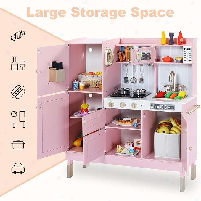 Play Kitchen for Kids, Wooden Kids Kitchen Playset with Realistic Sounds, Children Pretend Toy Kitchen Playset w/Stove, Oven & Ice Maker, Little Chef Play Kitchen for Girls and Boys, Pink