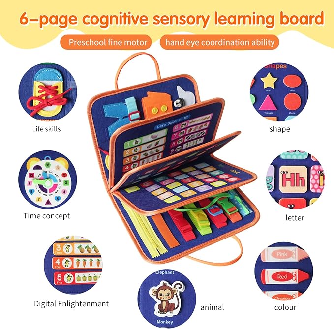 Toddler Montessori Busy Board - Dinosaur Learning Activity Toy, Boys Gift, Sensory Learning Toy for Toddlers, Educational Busy Book for Toddlers, Travel Toy (Blue)