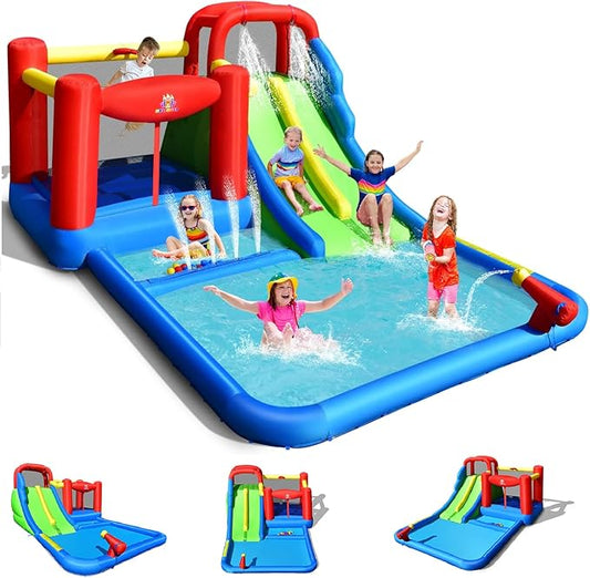 BOUNTECH Inflatable Water Slide, 7-in-1 Dual Slides Kids Water Park Jump Castle, Water Slides Inflatables for Outdoor w/Big Splash Pool, Water Cannon, Kids Backyard Party Water Slide Bounce House