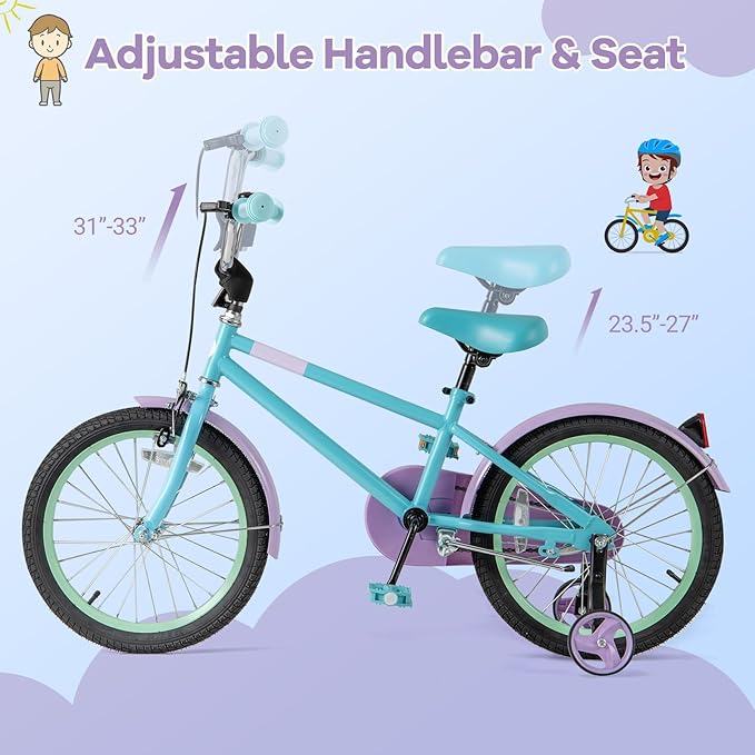 BABY JOY Colorful Macarons Kids Bike, 12 14 16 18 Inch Sporty Children's Bicycle with Training Wheels, Adjustable Handlebar & Saddle, Handbrake & Coaster Brake, Boys Girls Bike for 3-8 Years Old