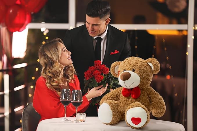 BEJOY Teddy Bear Stuffed Animal Plush Bear with Red Bow and Hearts Holiday Toy Gift 24 inches Brown
