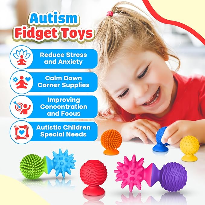 Sensory Fidget Toys for Kids and Adults: Textured Suction Cup Toys for Autism - Squishy Sensory for Classroom Bath - 8 Pack Calm Down Corner Supplies for Boys Teens - Road Trip Activities