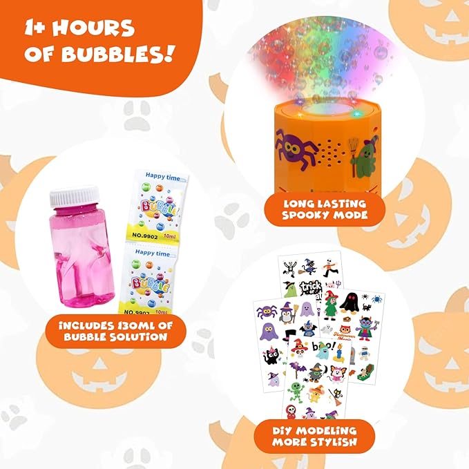 Halloween Bubble Machine, Automatic Fireworks Bubble Blower with Spooky Sound & Dazzling Lights, Portable Bubble Maker Toys with DIY Stickers for Kids Halloween Party Fun (Halloween)