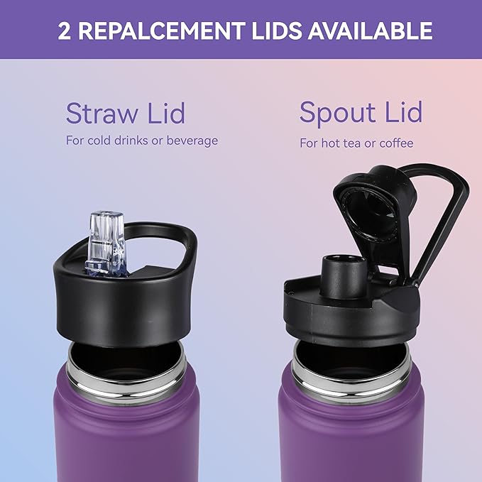 HASLE OUTFITTERS Insulated Water Bottle Kids 16 oz Double Wall Vacuum Stainless Steel Water Bottle Leak Proof for School Wide Mouth with Straw Lid & Spout Lid Keeps Cold and Hot(Purple,1pack)