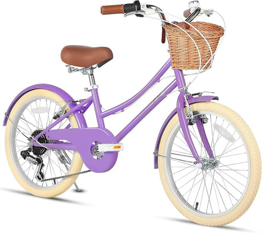 Glerc 20 24 26 Inch Beach Cruiser Bike, 6-Speed Hybrid City Bicycle for Girls Youth and Over 6 Years Old, Missy Bike with Wicker Basket & Lightweight, Multiple Colors
